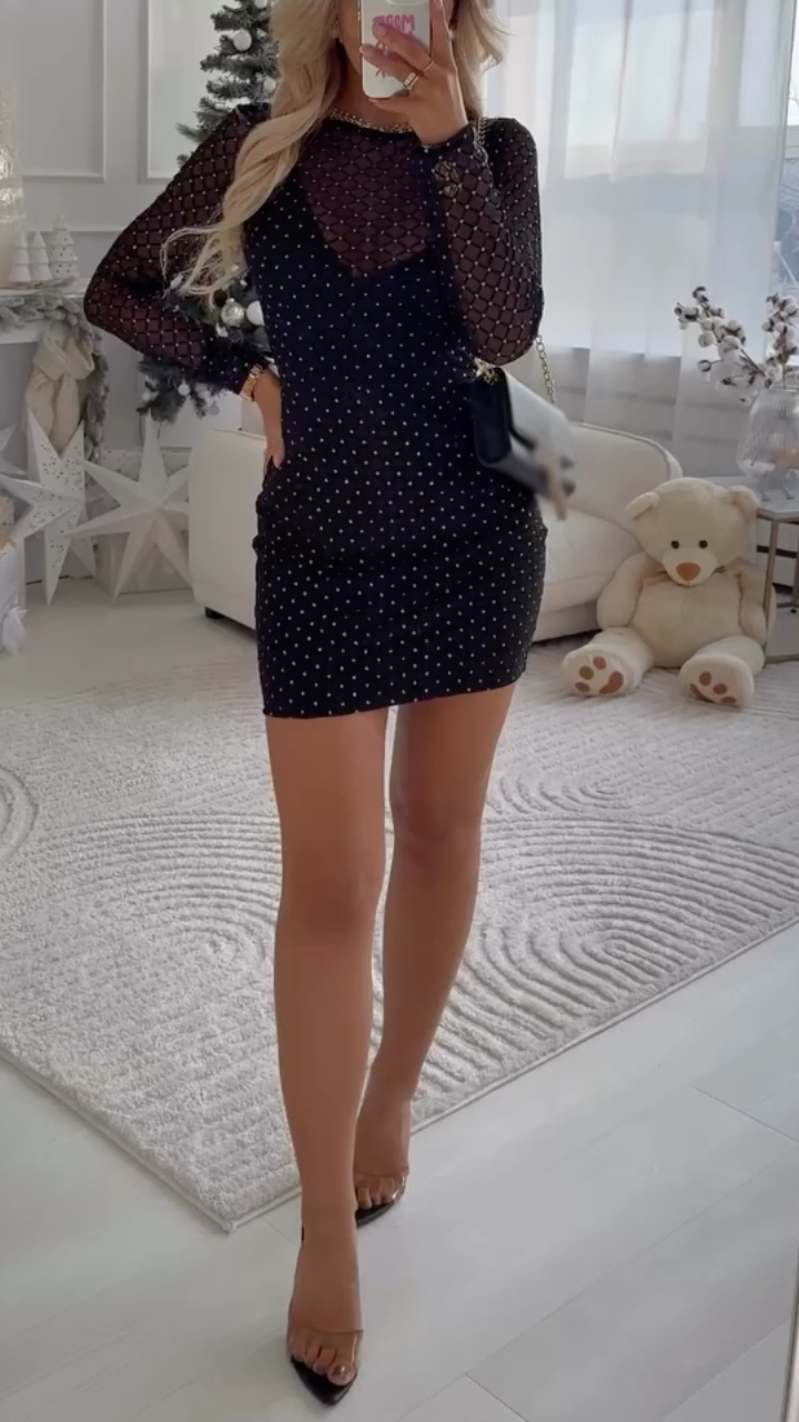 Women Round Neck Plaid Hot Pressed Diamond Sexy Temperament Dress