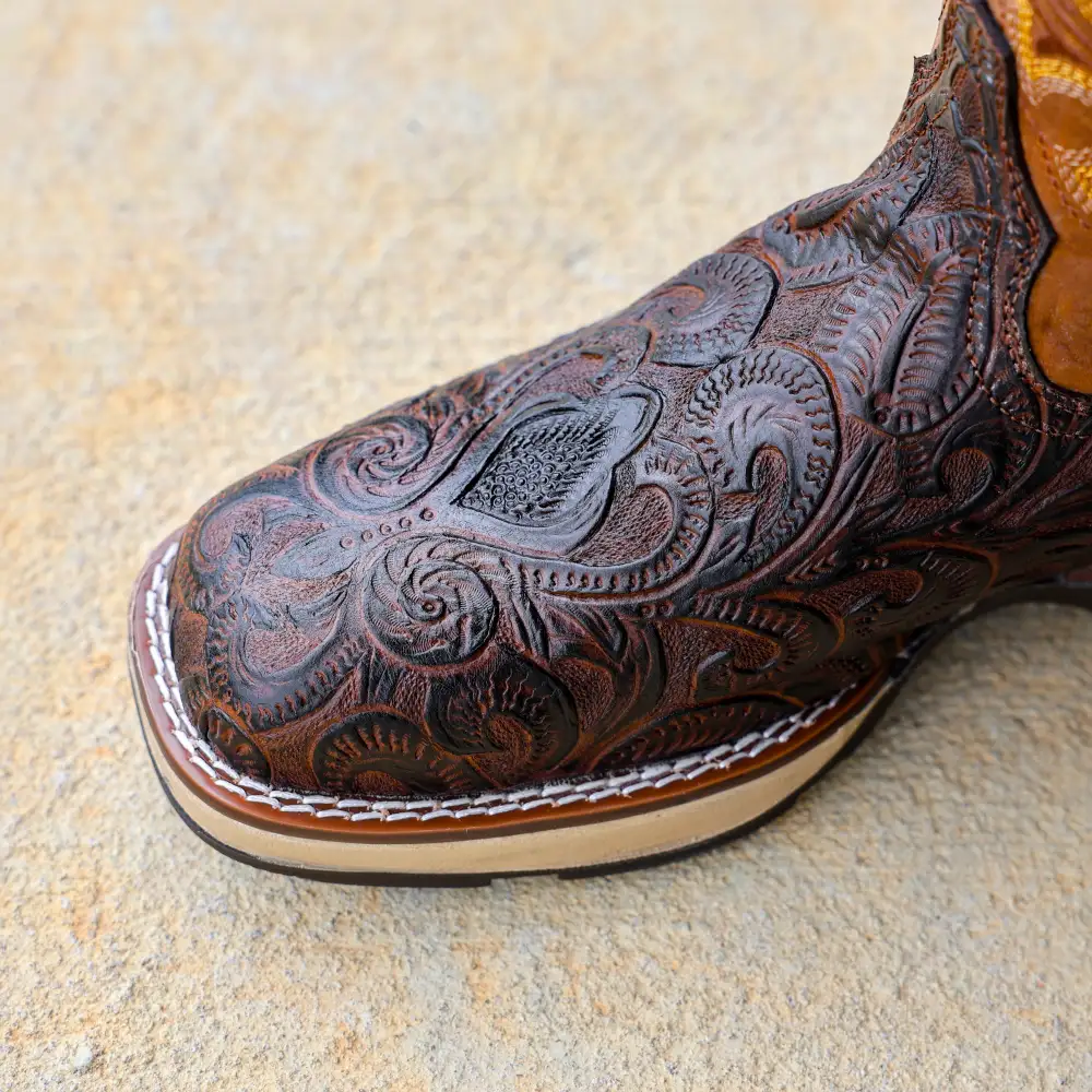 Brown Hand-Tooled Leather Boots With 3D Lightweight Sole - Composite Toe