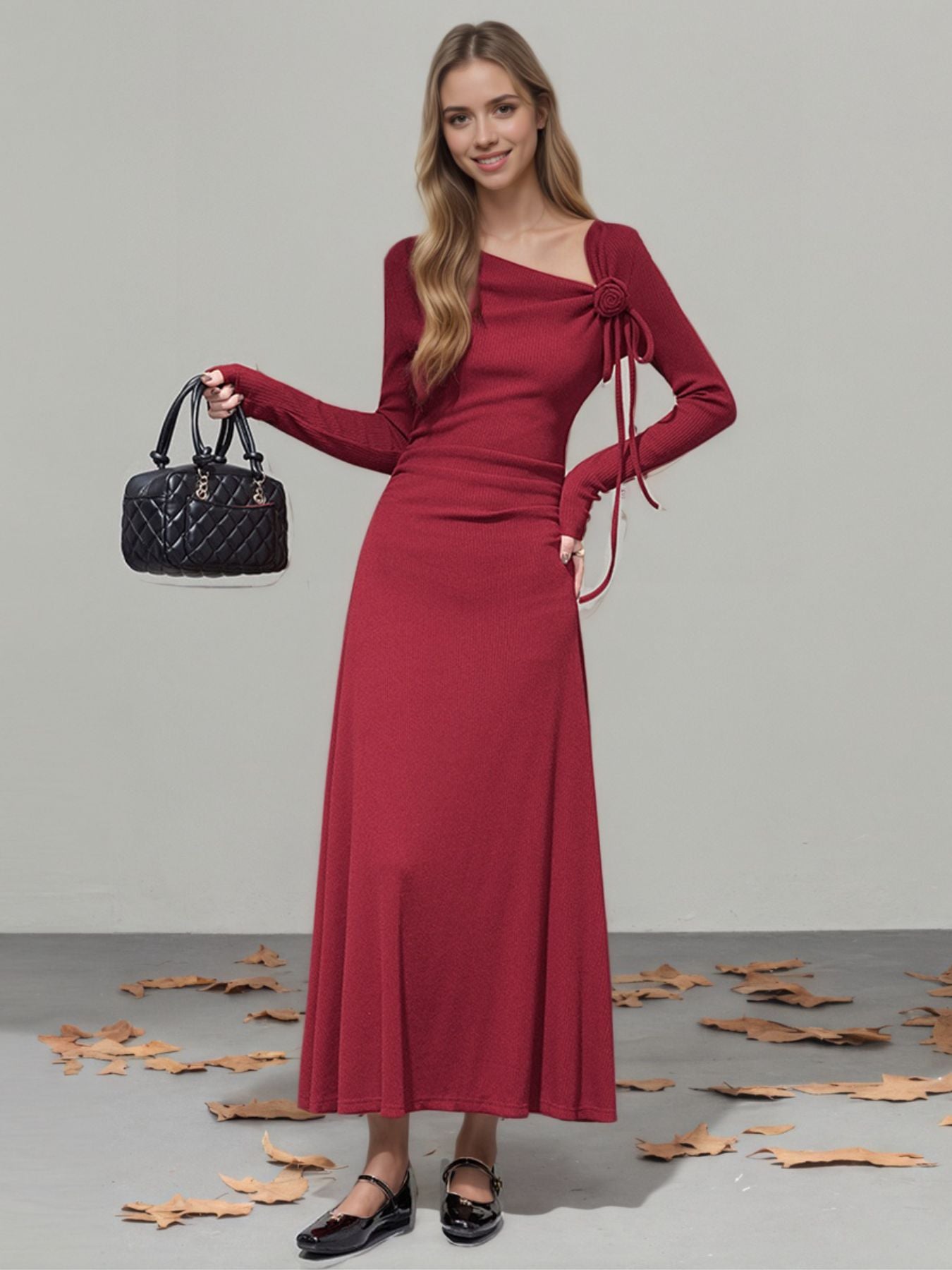 Flower Asymmetrical Neckline Long Sleeve Dress