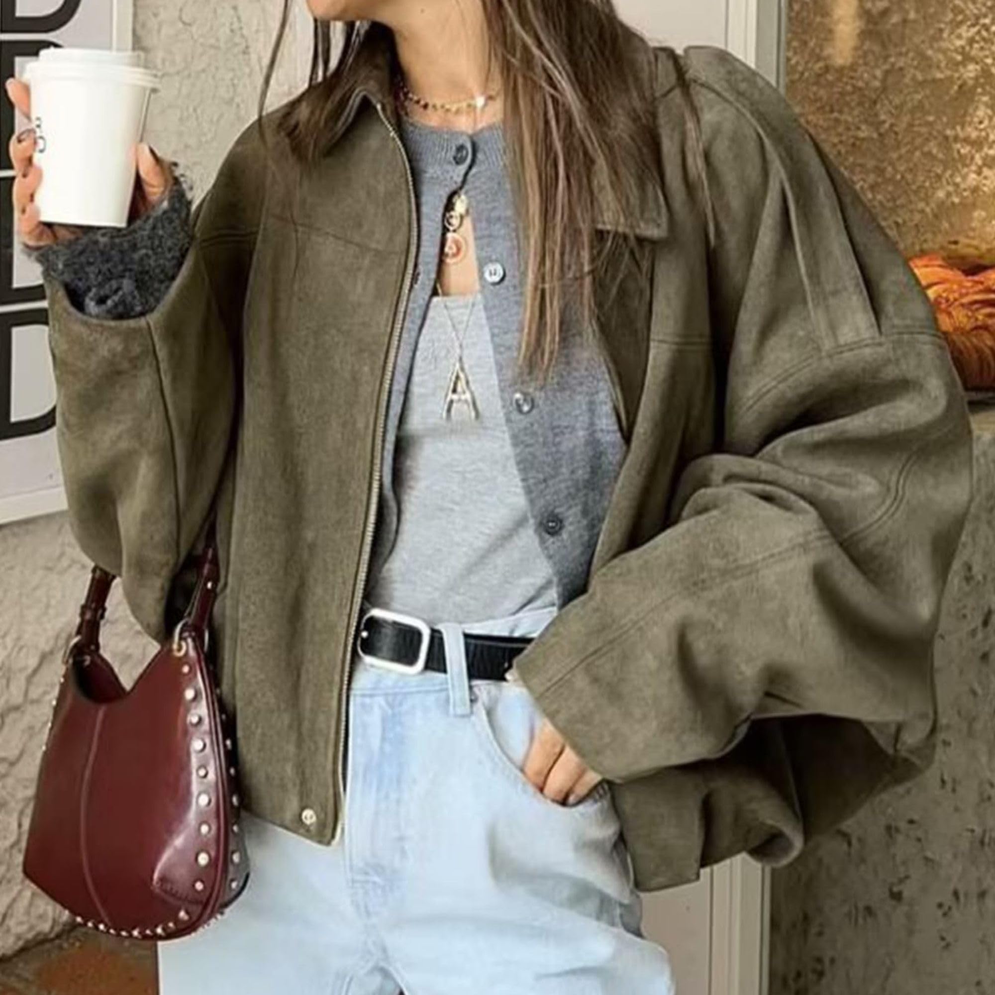 Xunger Women's Faux Suede Bomber Jacket Spring Lapel Pilot Coat Casual Oversized Long Sleeves Trendy Streetwear Outerwear