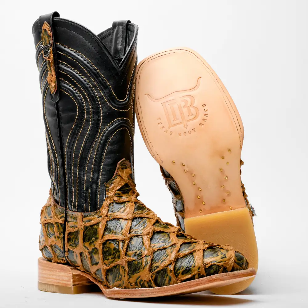 Brown Rustic Jumbo Pirarucu Leather Boots - Square Toe