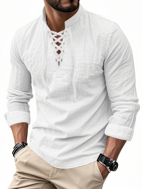 Men’s Lightweight Linen Long Sleeve Shirt with Drawstring Stand Collar
