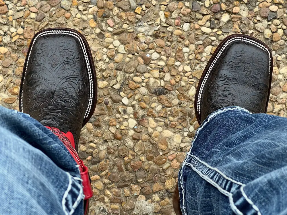 Men’s Dark Brown Hand-Tooled Leather Boots With Red Shaft