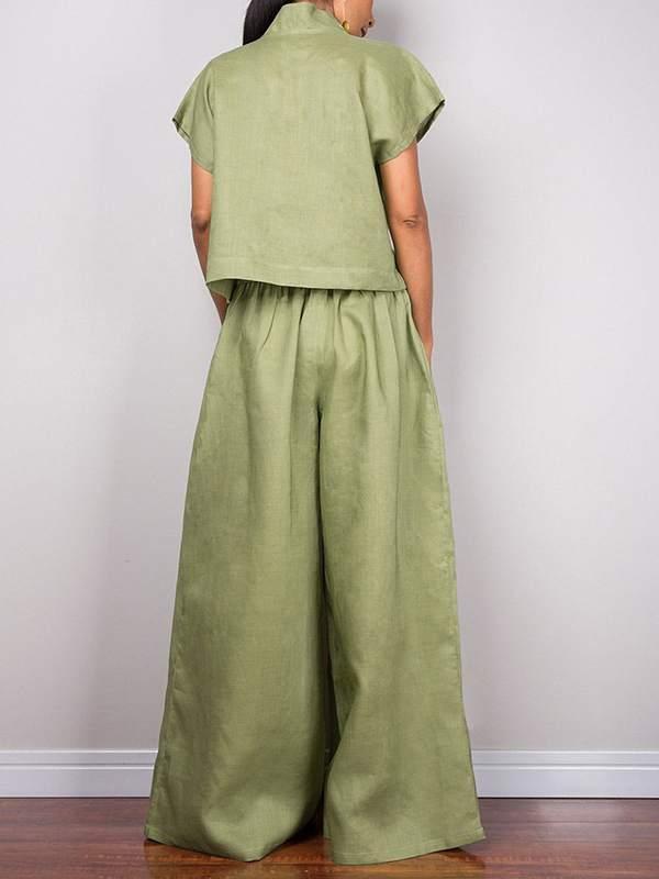 Drawstring Pleated Solid Color Split-Joint High Waisted Loose Trousers Pants