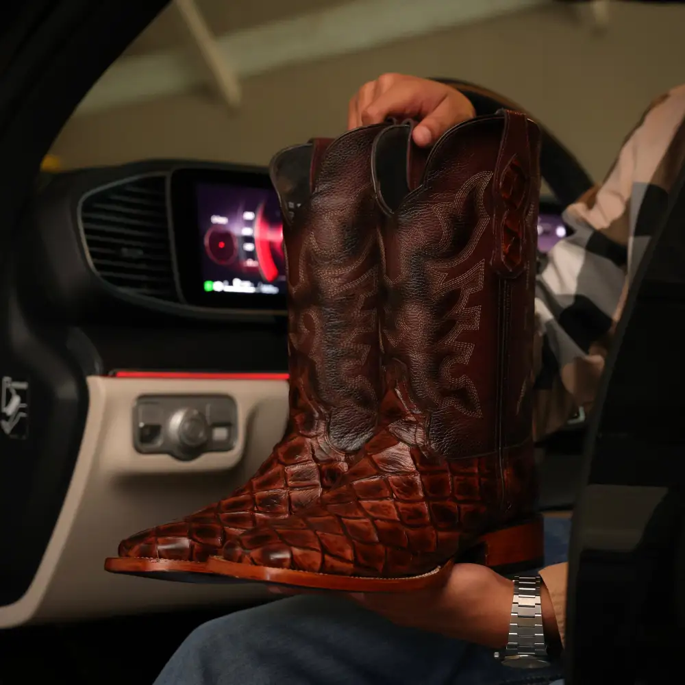 Cognac Pirarucu Leather Boots—Square Toe