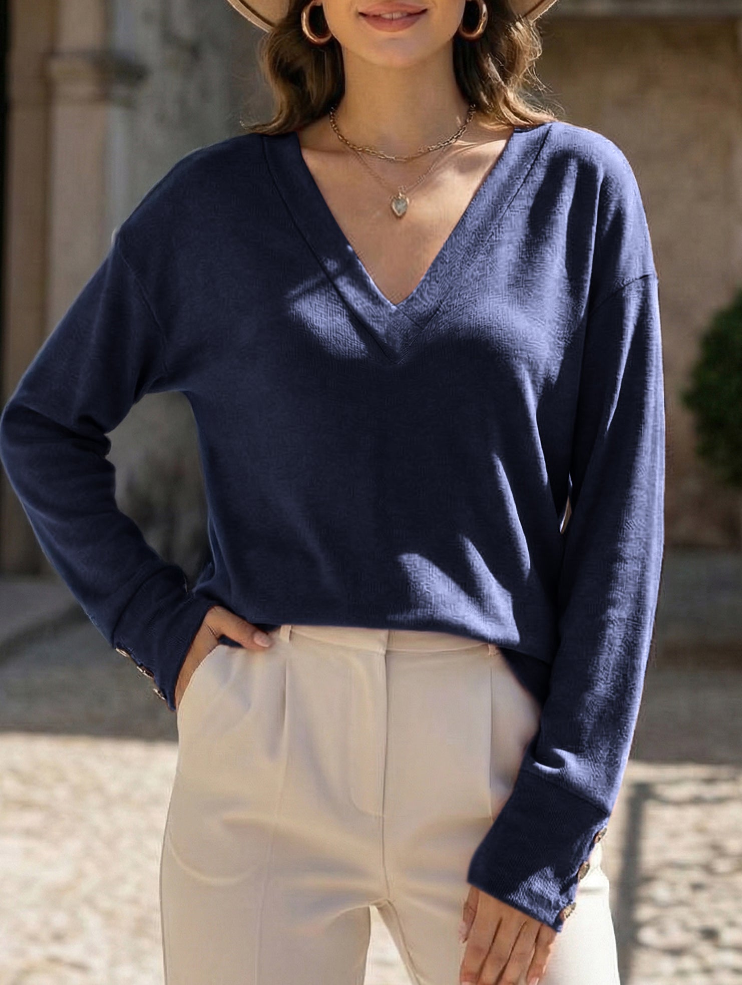 Solid V Neck Button Loose Long Sleeve Tee_CWTTL01231