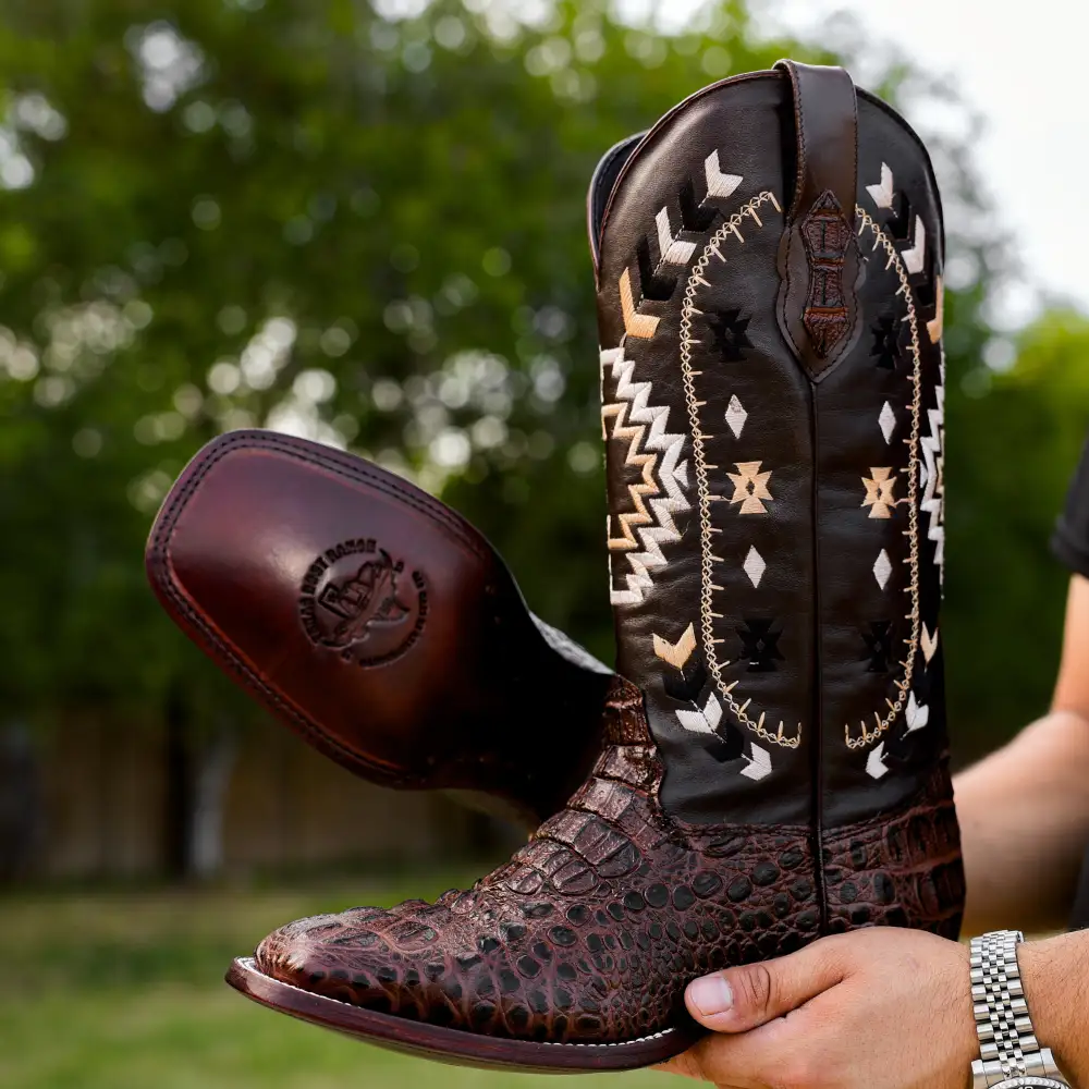 Brown Caiman Neck Leather Boots - Square Toe
