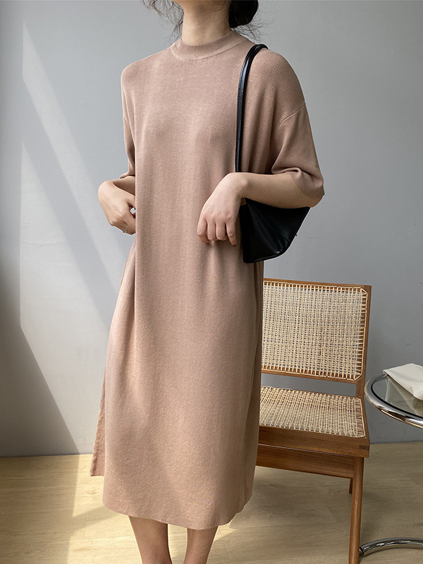 Solid Color Split-Joint Loose Short Sleeves Round-neck Sweater Dresses Midi Dresses