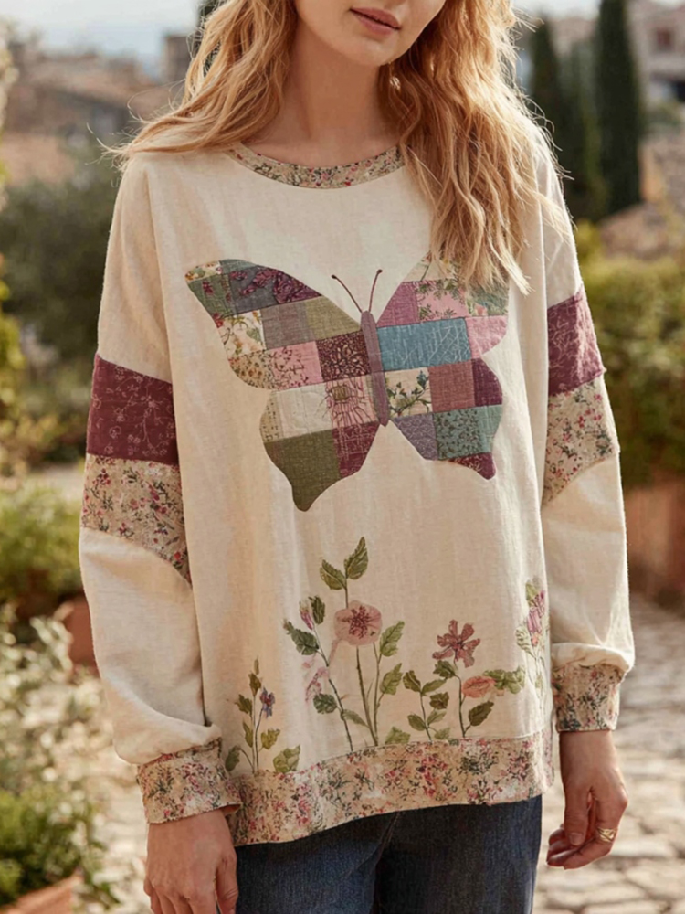 Women's Vintage Bohemian Style Round Neck Comfortable Linen Top With Butterfly Pattern