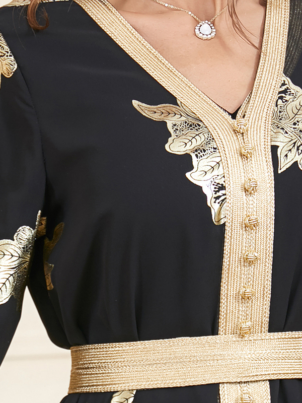 Belted Muslim Printed Split-Front Long Sleeves V-Neck Two Pieces Set Maxi Dresses