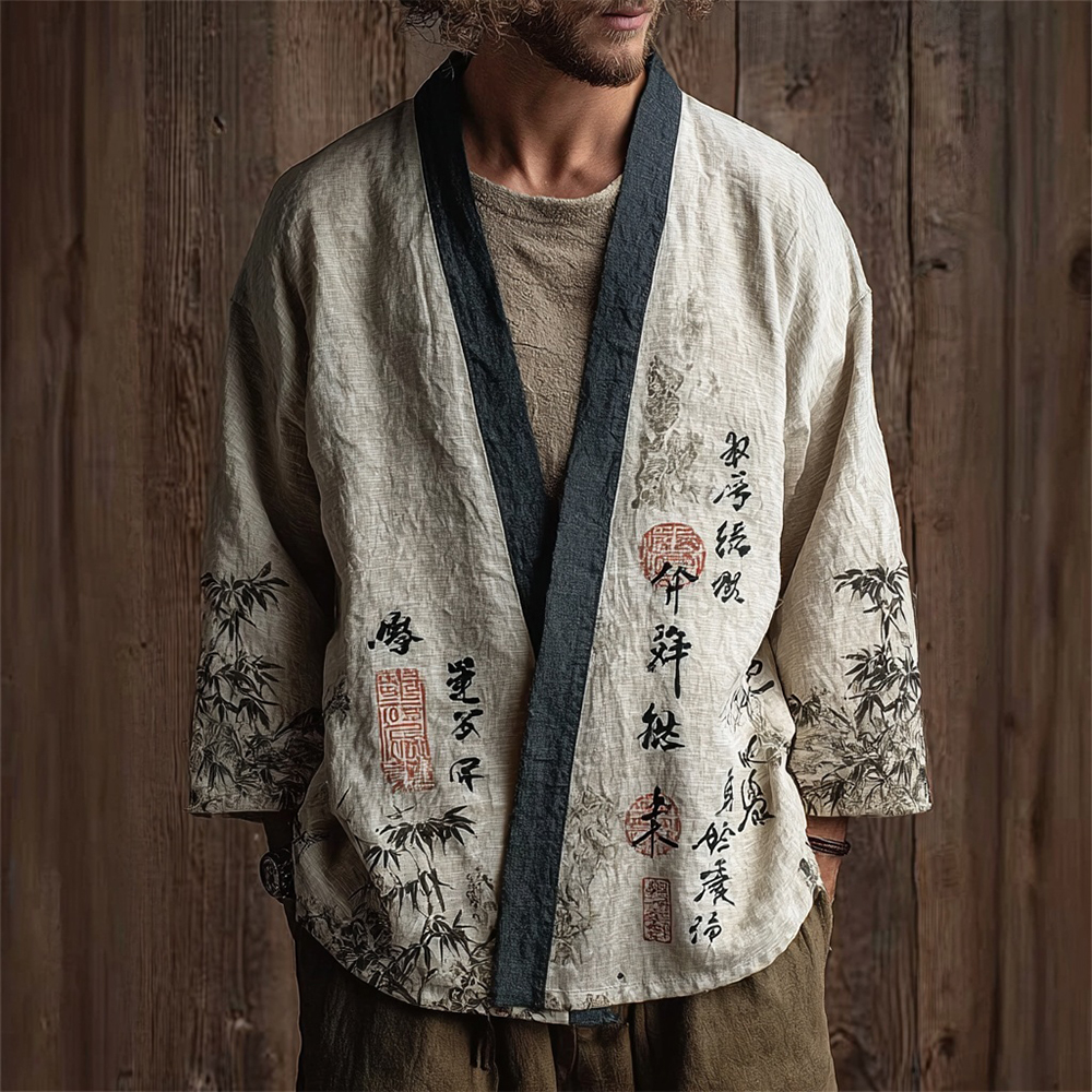 Men's Vintage Japanese Bamboo Calligraphic Pattern Linen Kimono