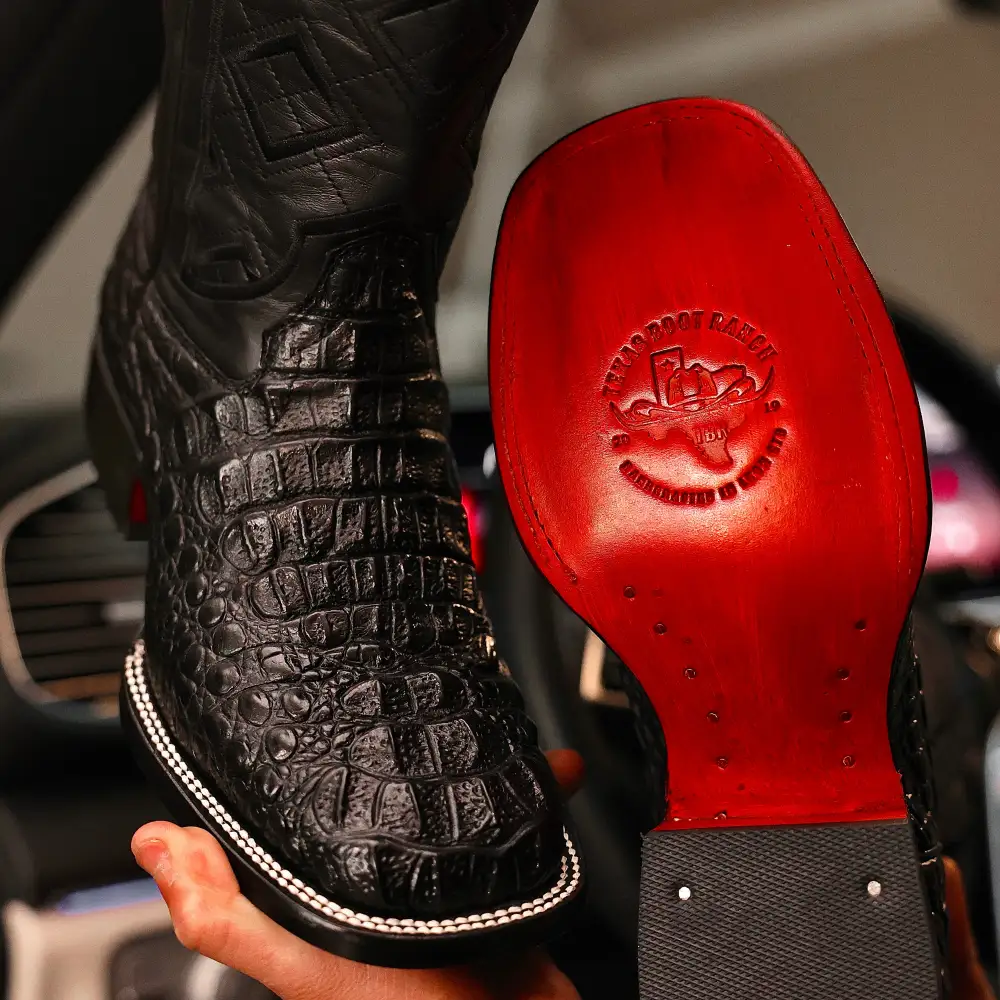 Black Caiman Neck Leather Boots - Square Toe