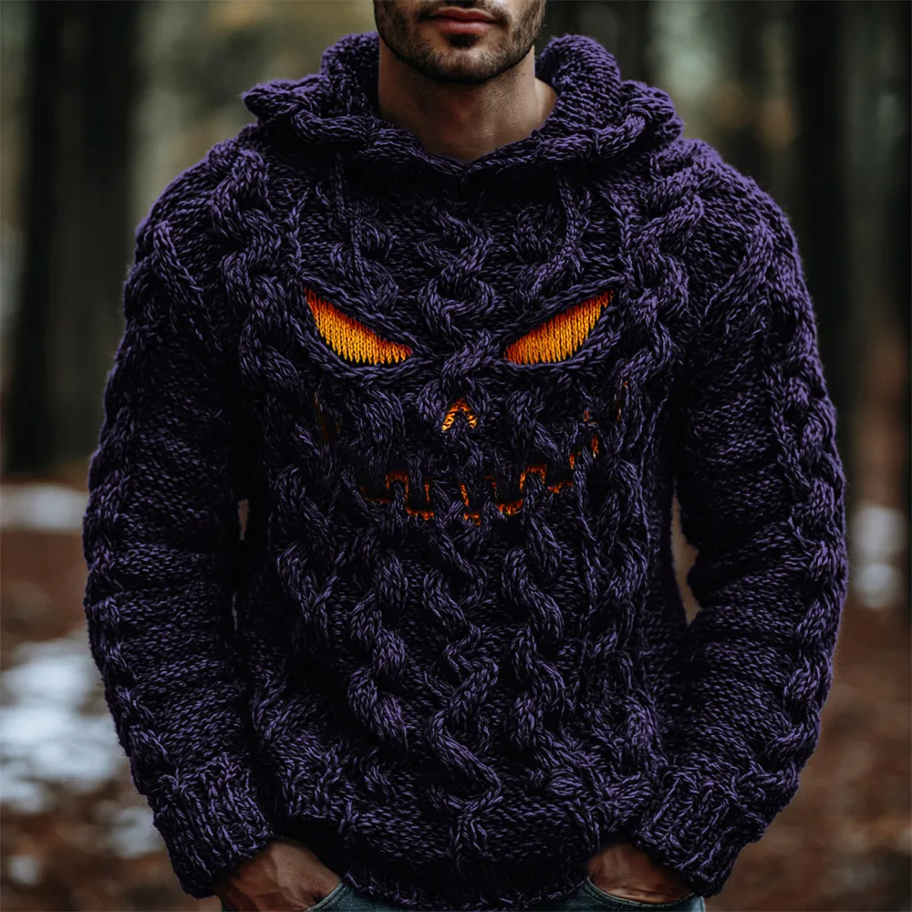 Halloween Evil Pumpkin Emoji Men's Chunky Knit Hooded Sweater