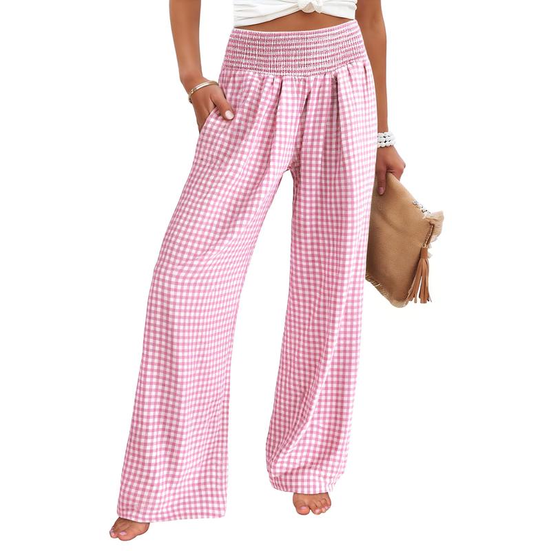 Women’s Gingham High-Waist Palazzo Lounge Pants with Pockets