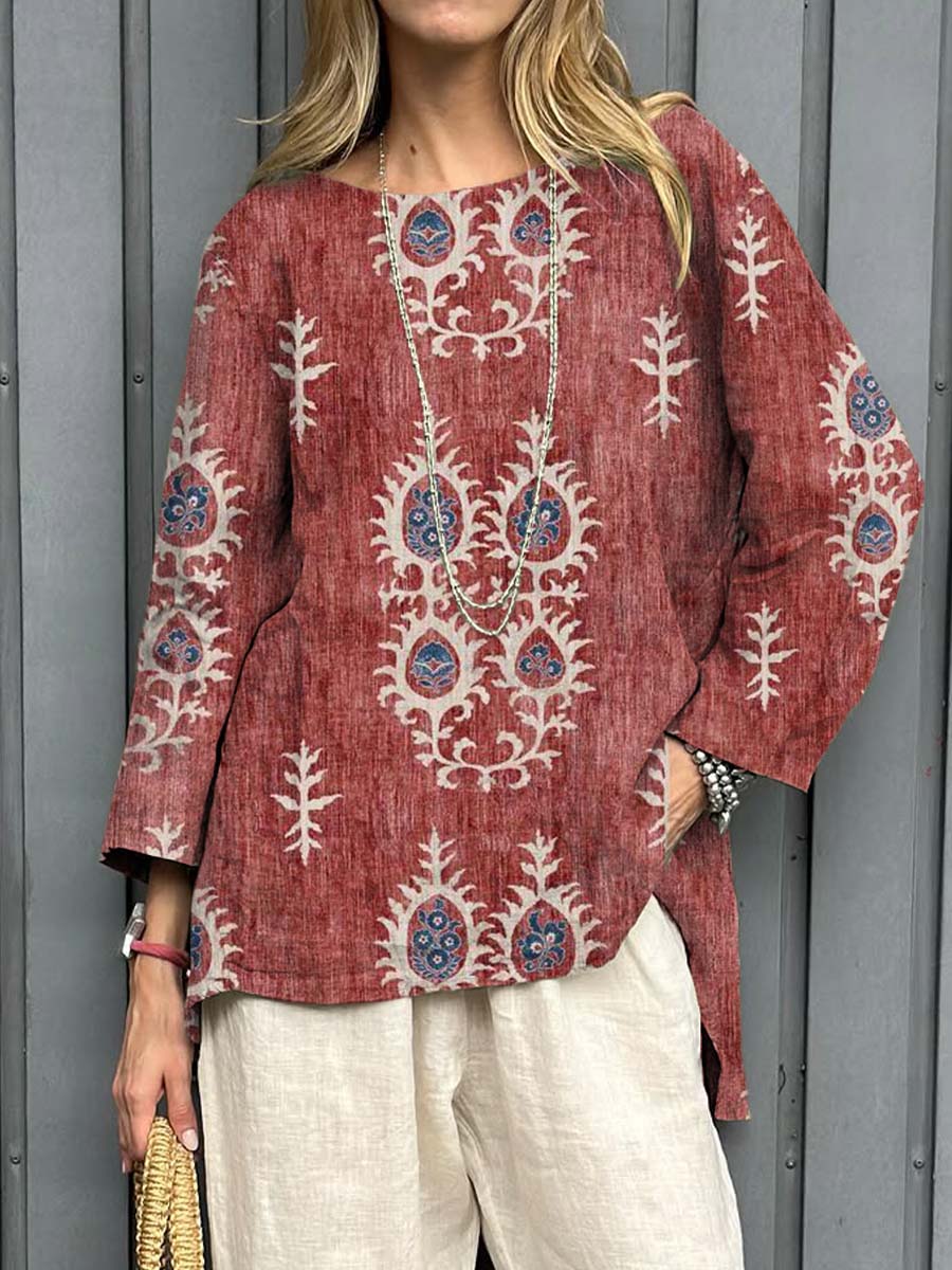 Women's Vintage Ethnic Pattern Art Print Casual Cotton Linen Shirt