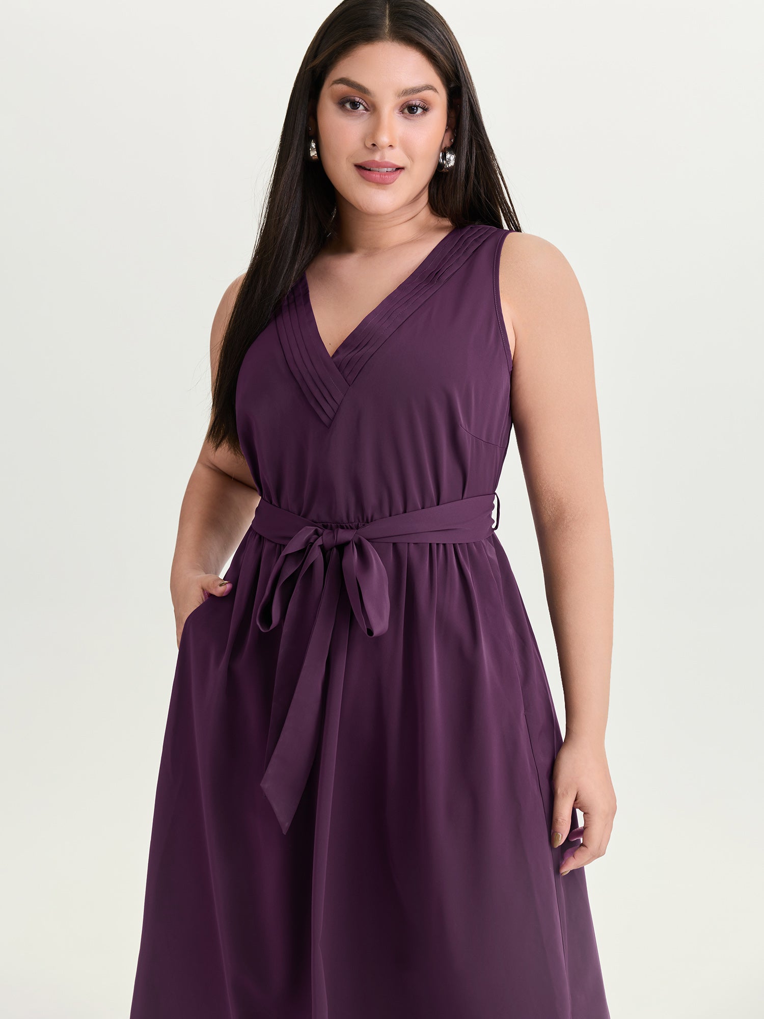 Pleated Neckline Waist-Tie Flowy Midi Dress