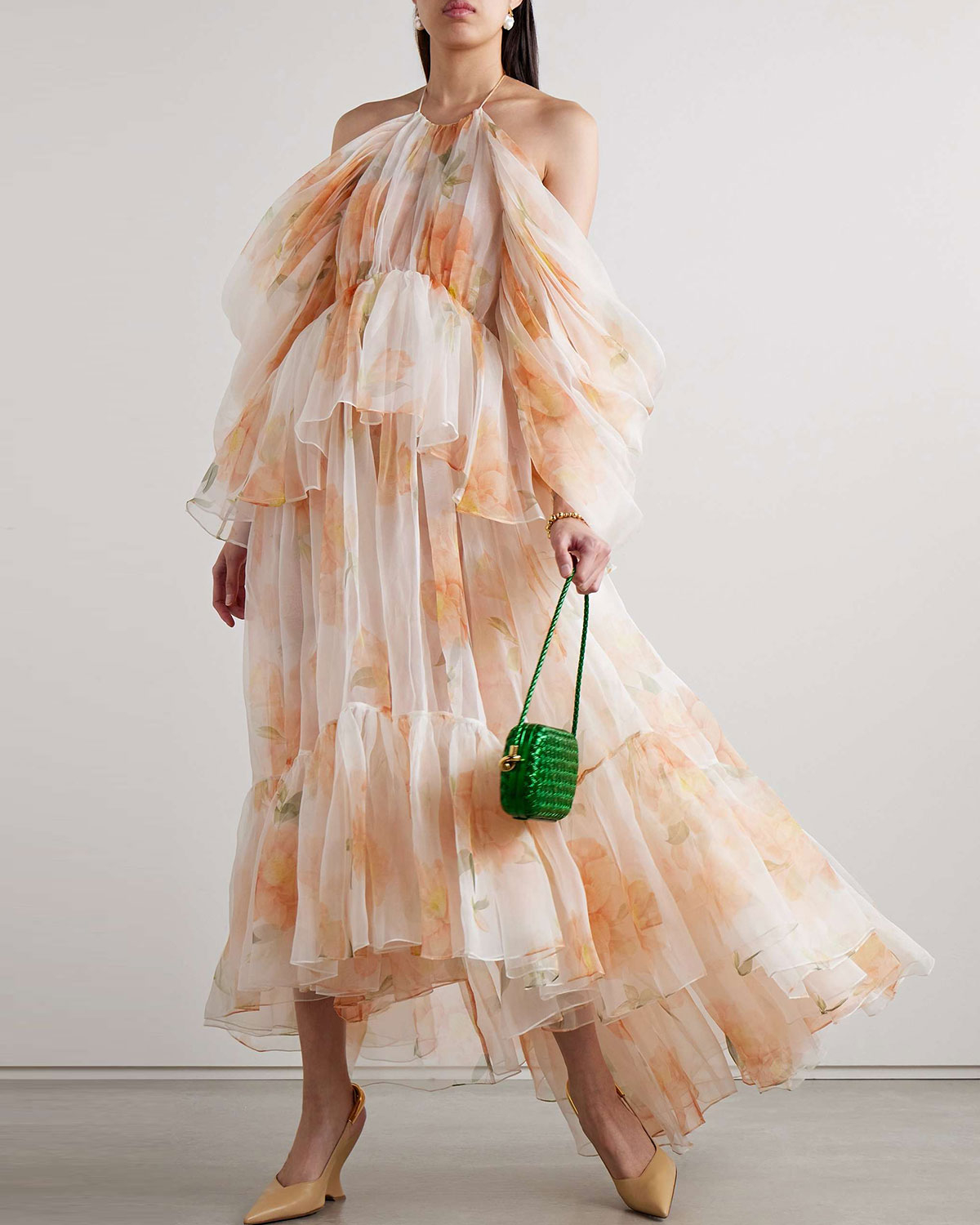 Tiered floral-print silk-organza halterneck midi dress