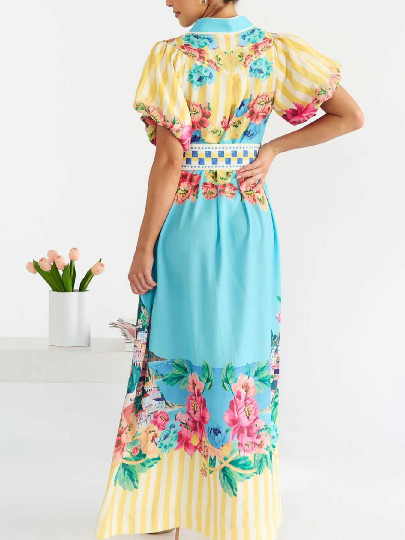 Printed Button Front Puff Sleeve Maxi Dress