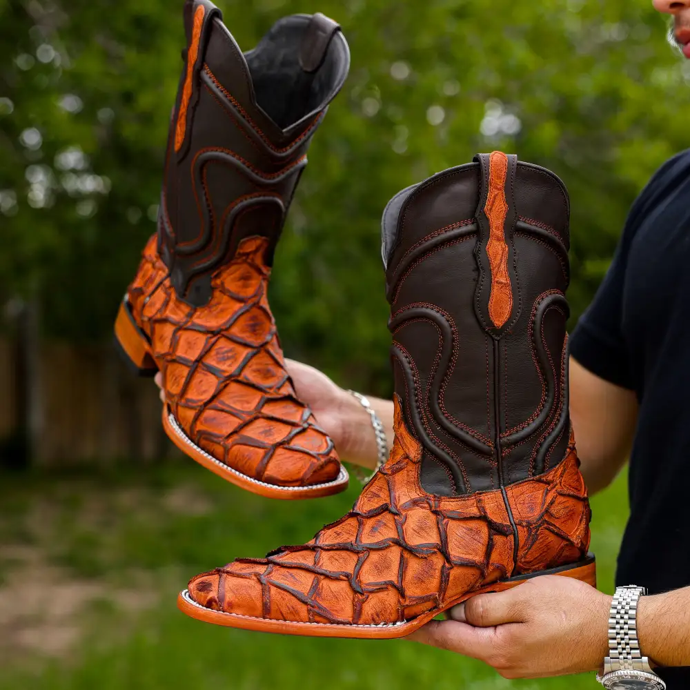 Matte Rustic Cognac Pirarucu Leather Boots - Square Toe