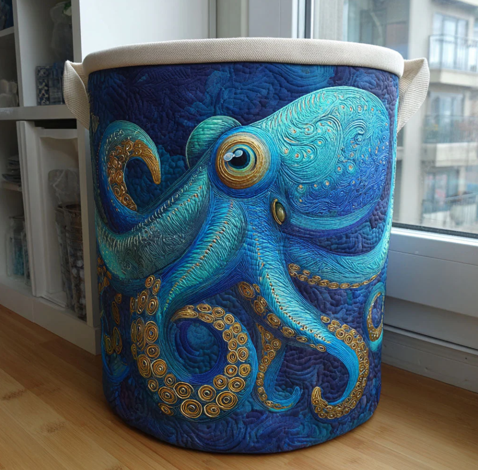 Vivid Underwater Octopus Pattern Quilted Laundry Basket Eco-Friendly Machine Washable Storage Organizer for Home Coastal Bathroom Decor | Octopus