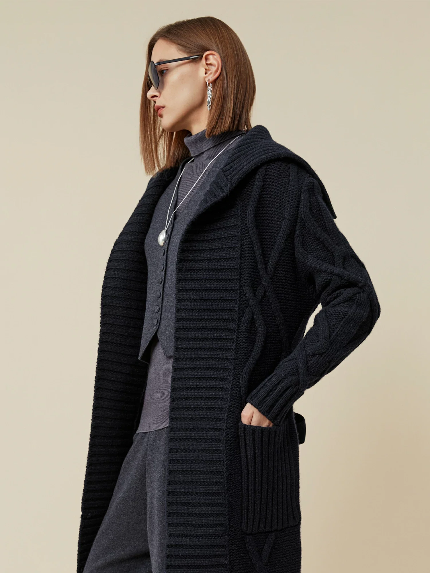 64% Wool Lapel Long Sleeve Knit Long Cardigan