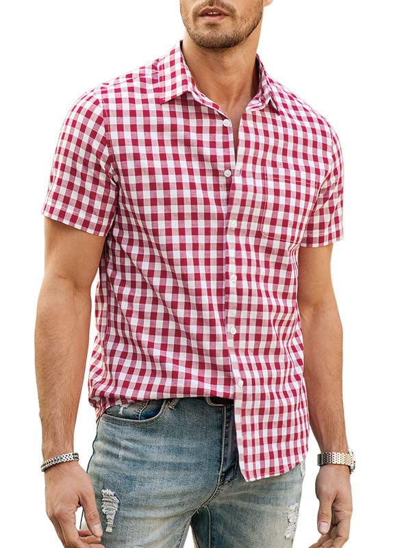 Mens Casual Button Down Shirts Short Sleeve 100% Cotton Plaid Shirts for Men