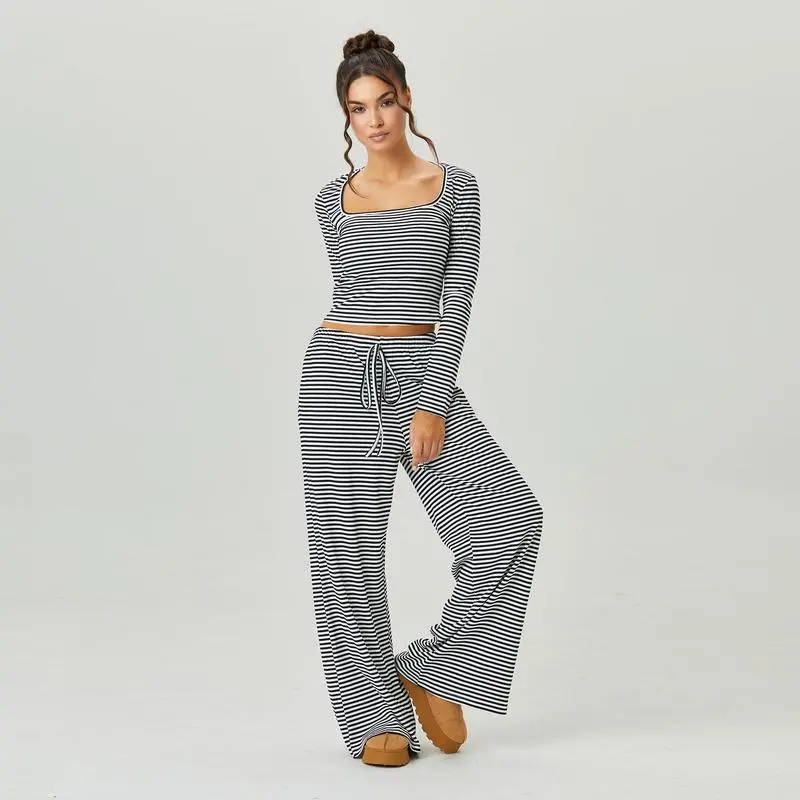 Women's Stripe Square Neck Long Sleeve Crop Top & Wide Leg Trousers Set