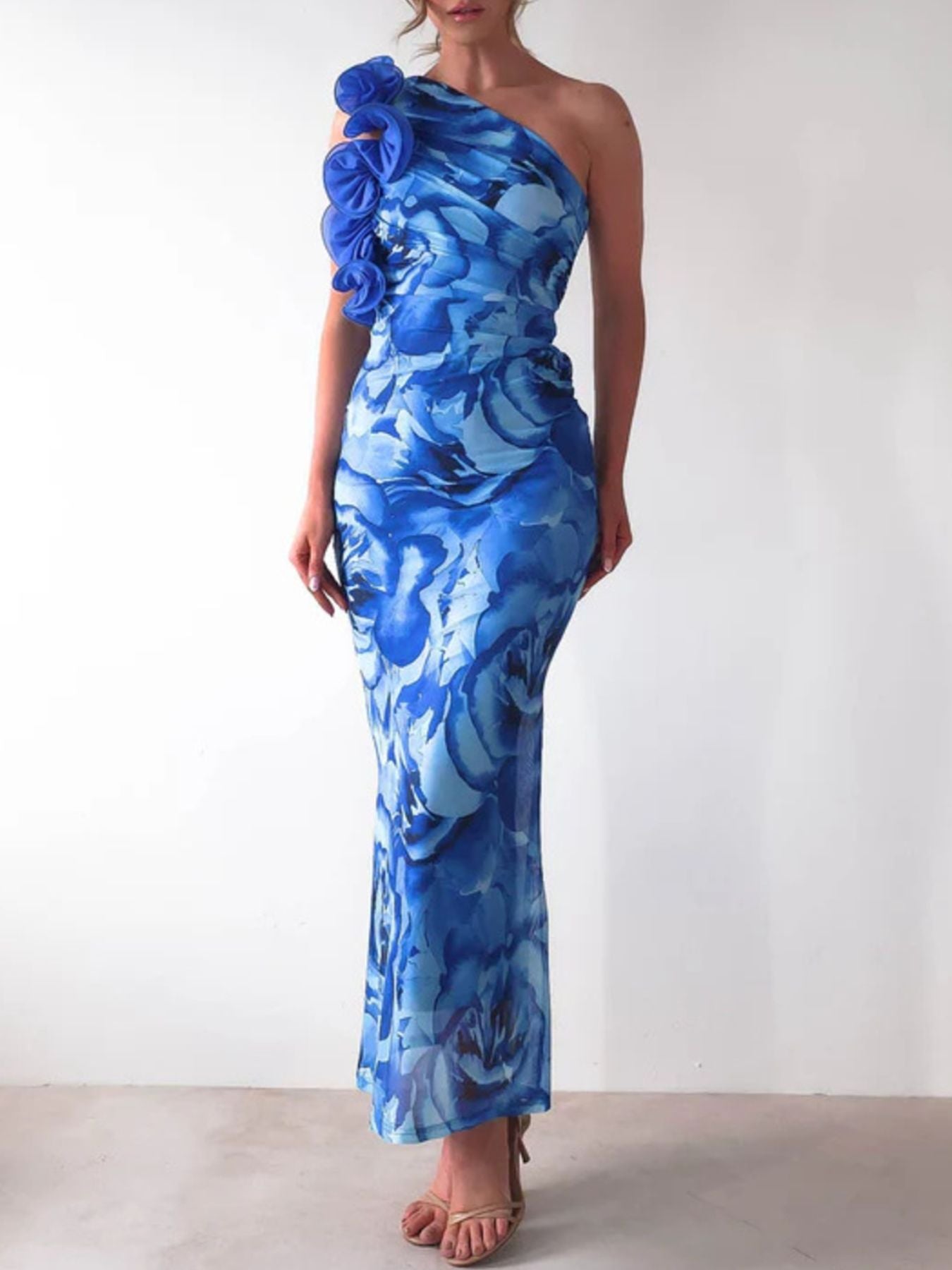 Floral Print One-Shoulder Maxi Dress