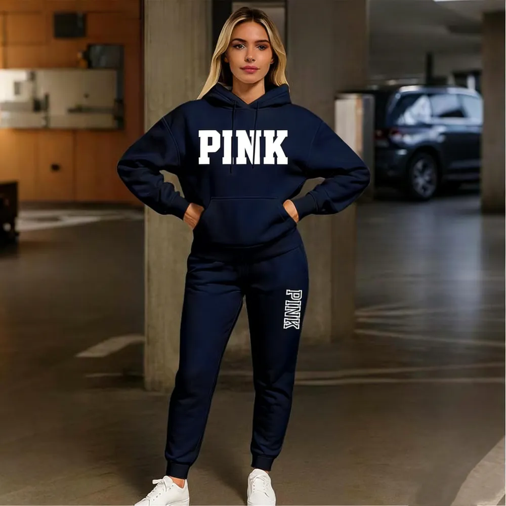 Women's Pink Print Hoodie And Drawstring Track Pants Set