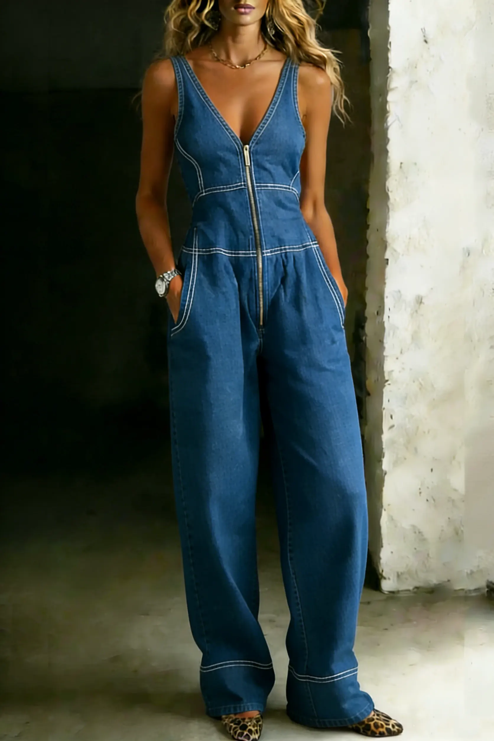 Women‘s Fashion Casual Sleeveless Zipper Stitching Denim Jumpsuit