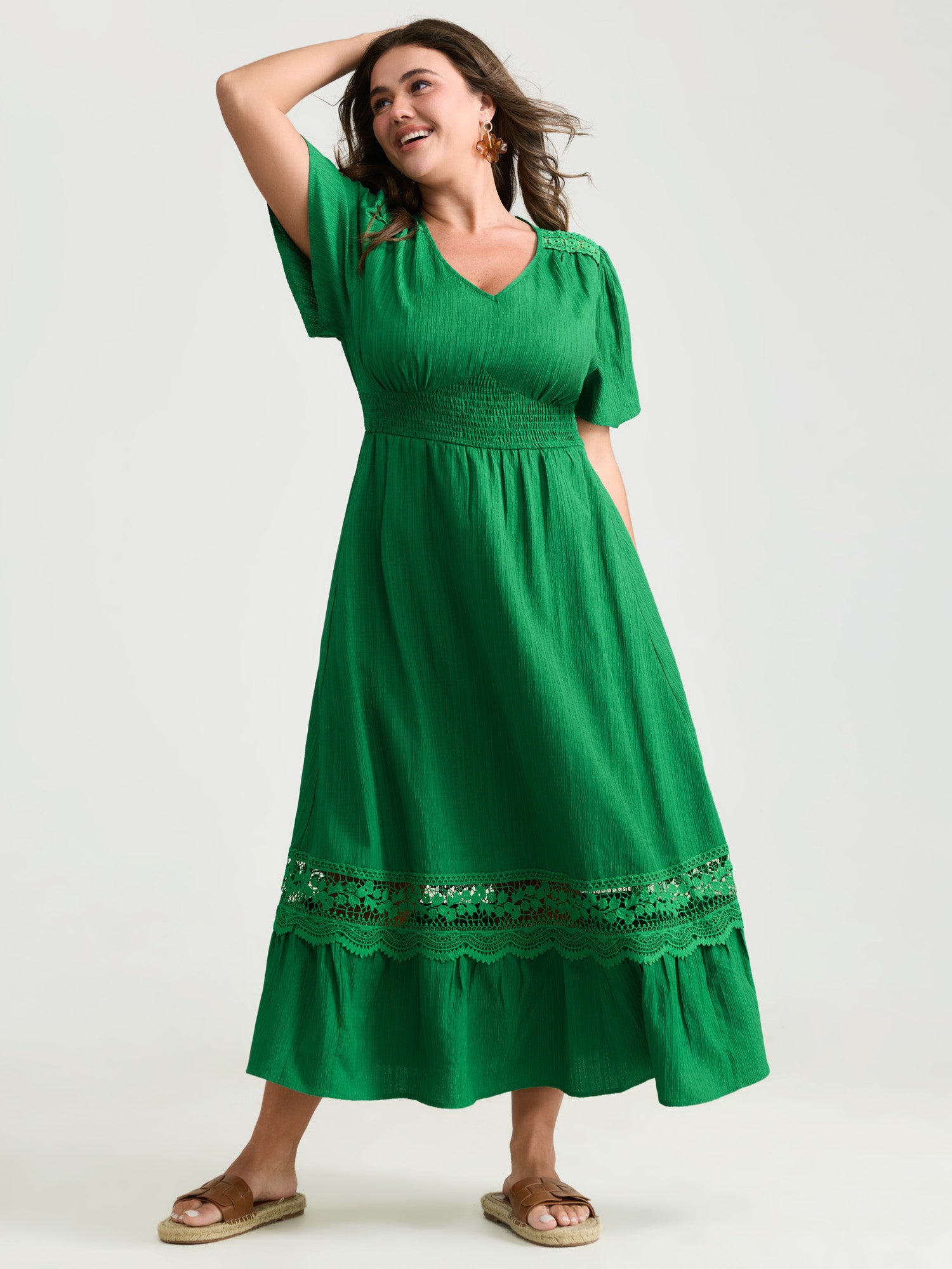 Lace Cut-Out Shirred Solid Maxi Dress