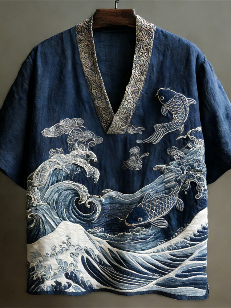 Japanese Ocean Art Linen V-neck Shirt