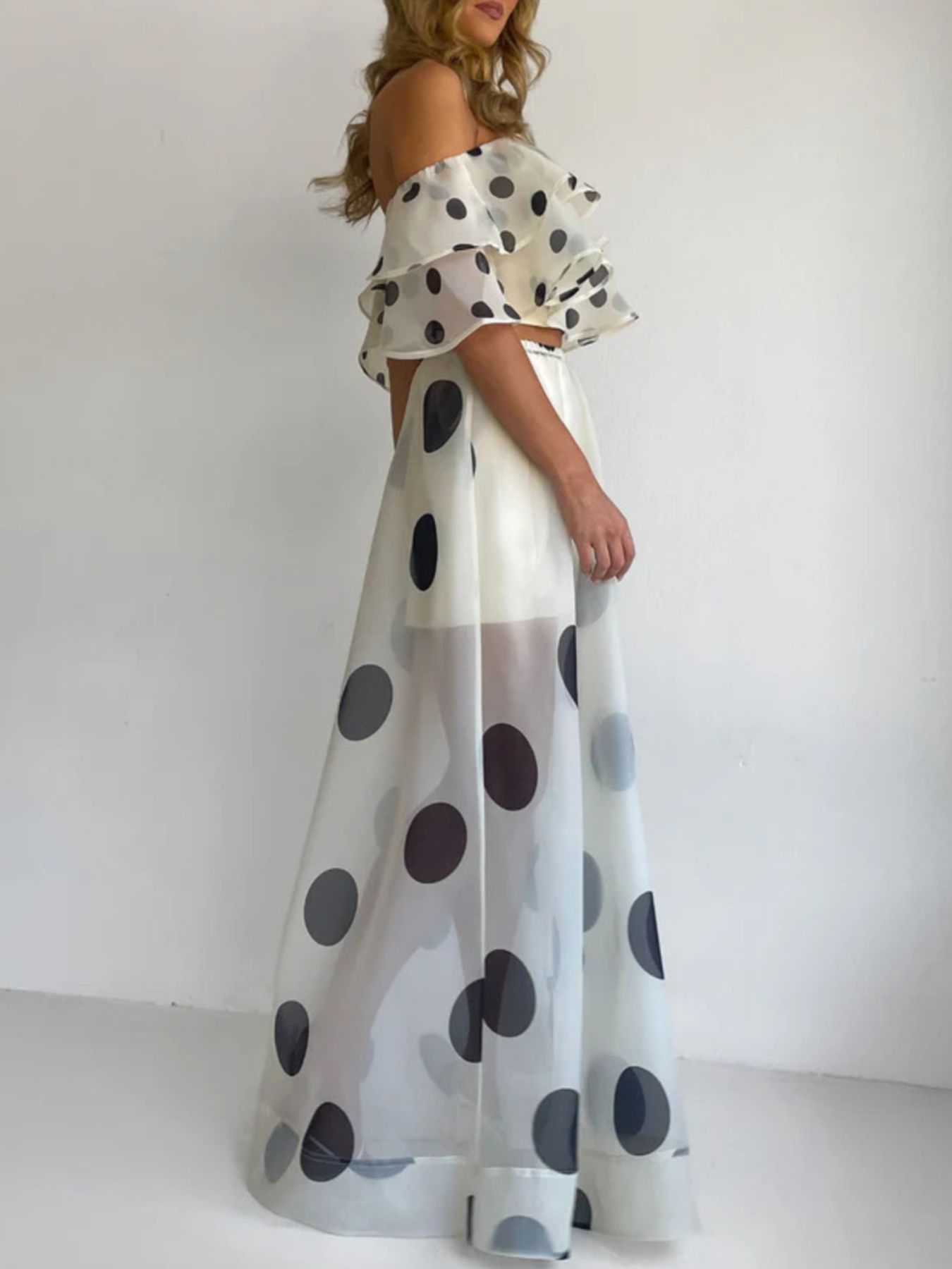 Polka Dot Ruffle Crop Top and Maxi Skirt Set