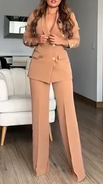 Women Collar Top + Pants Commuting Style Set