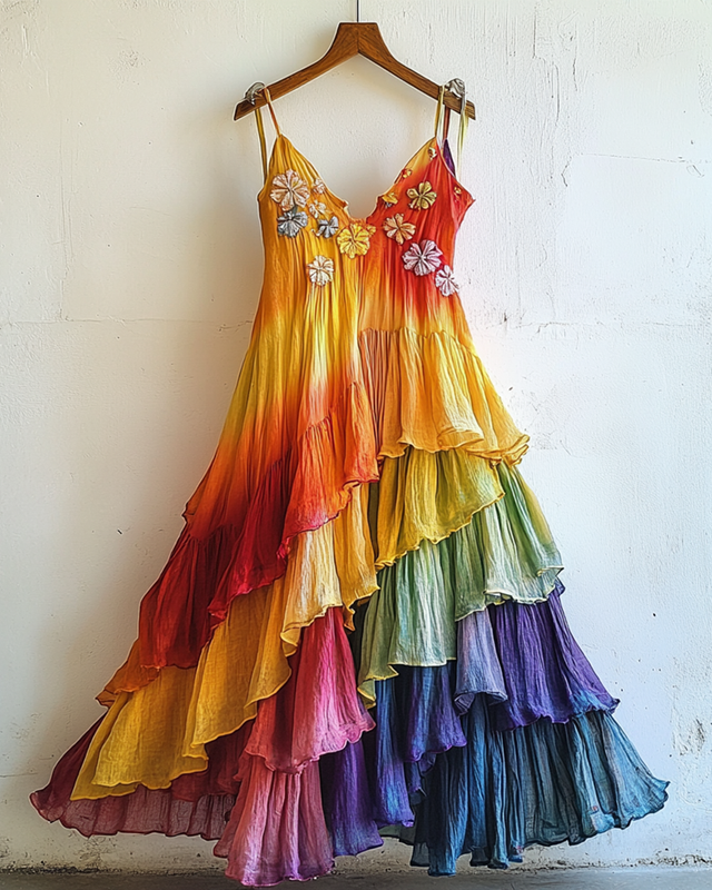 Rainbow Ruffle Daisy Embroidered Irregular Dress 7c47