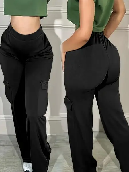 Women's Solid Color Flap Pocket Pants