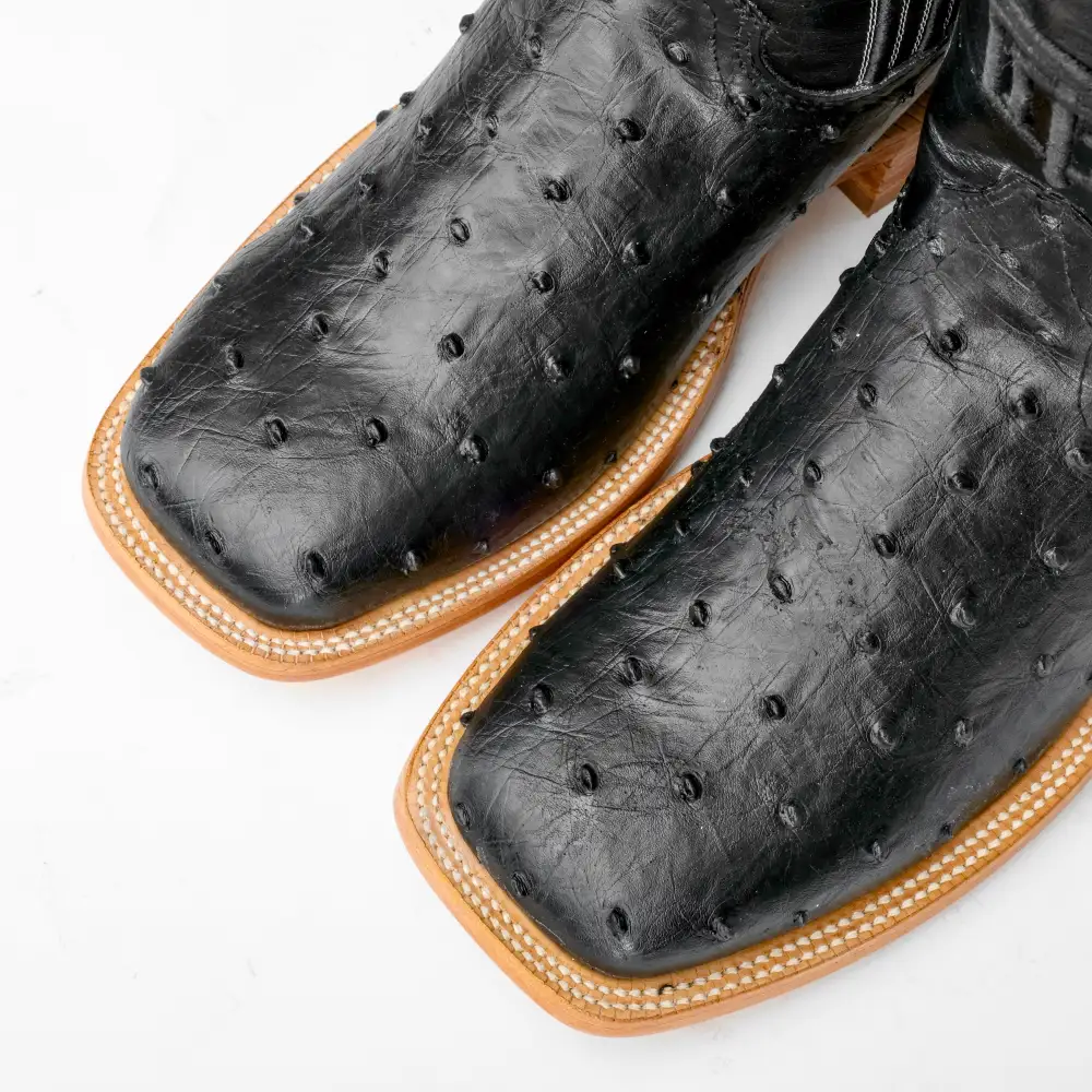 Black Ostrich Leather Boots - Square Toe