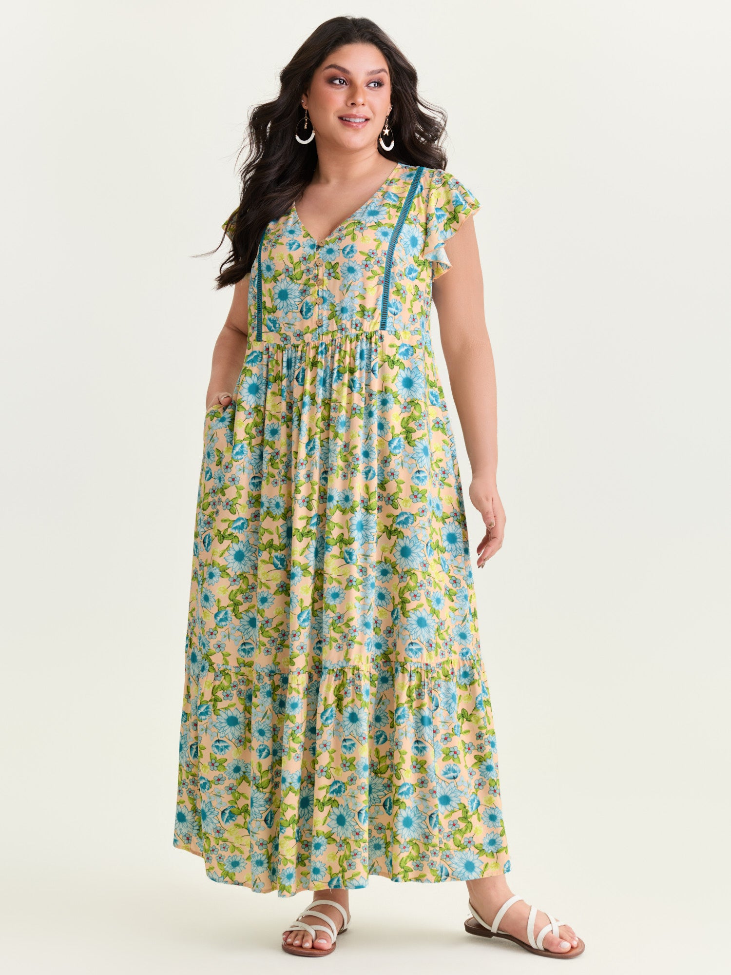 Sweet Floral Lace Trim Tiered Maxi Dress