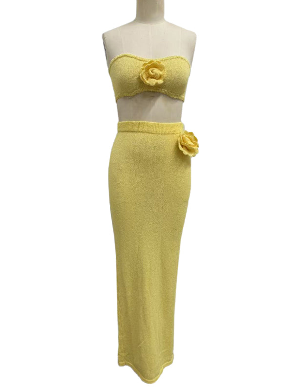 Strapless knitted hollow flower high waist skirt set