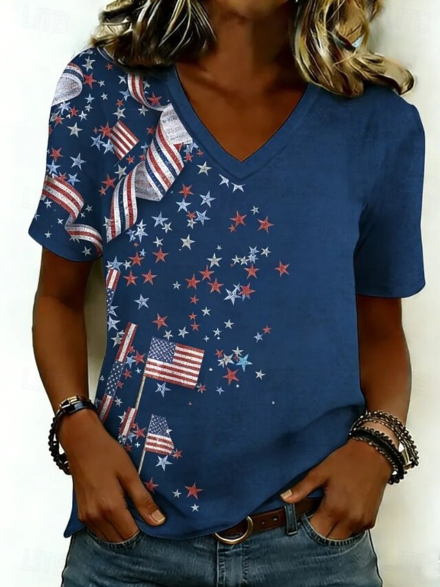 Women's USA Flag Star Patriotic V-Neck T-Shirt