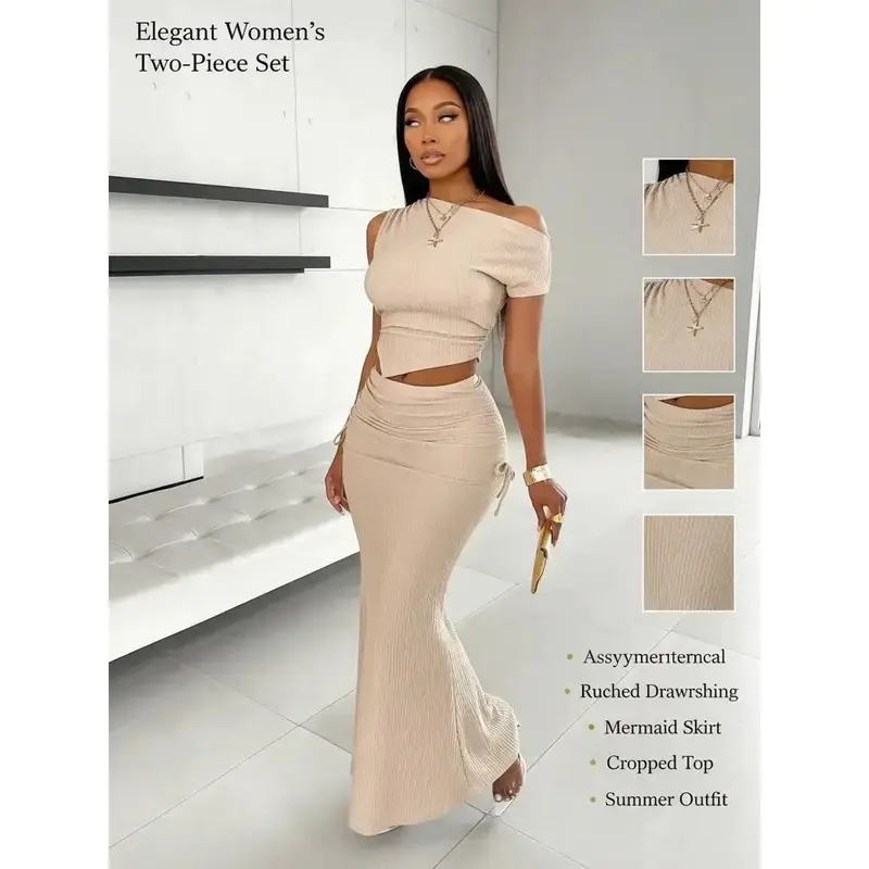 Women's Solid Asymmetrical Neck Hanky Hem Crop Tee & Ruched Drawstring Mermaid Skirt Set, Elegant Fashion Casual Outfits for Daily Outdoor Wear, Ladies Clothes for Summer