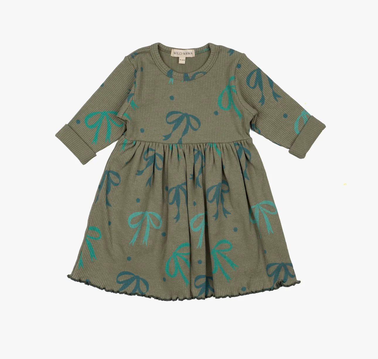 Rib Long Sleeve Dress: Green Bows