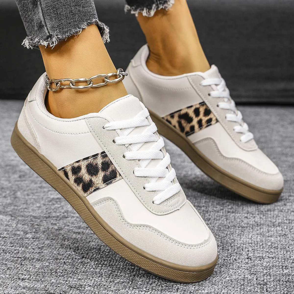 Leopard Lace Up Round Toe Sneakers (2 color options)