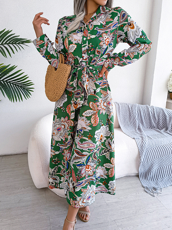 Buttoned Flower Print Tied Waist Long Sleeves Lapel Maxi Dresses