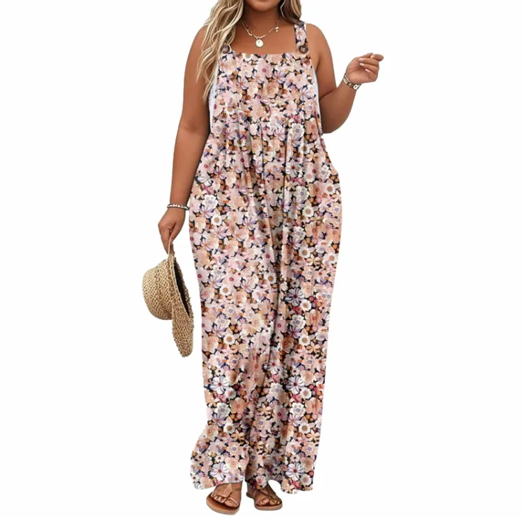 2025 Plus Size Wide Leg Jumpsuit – Loose Summer Romper with Pockets