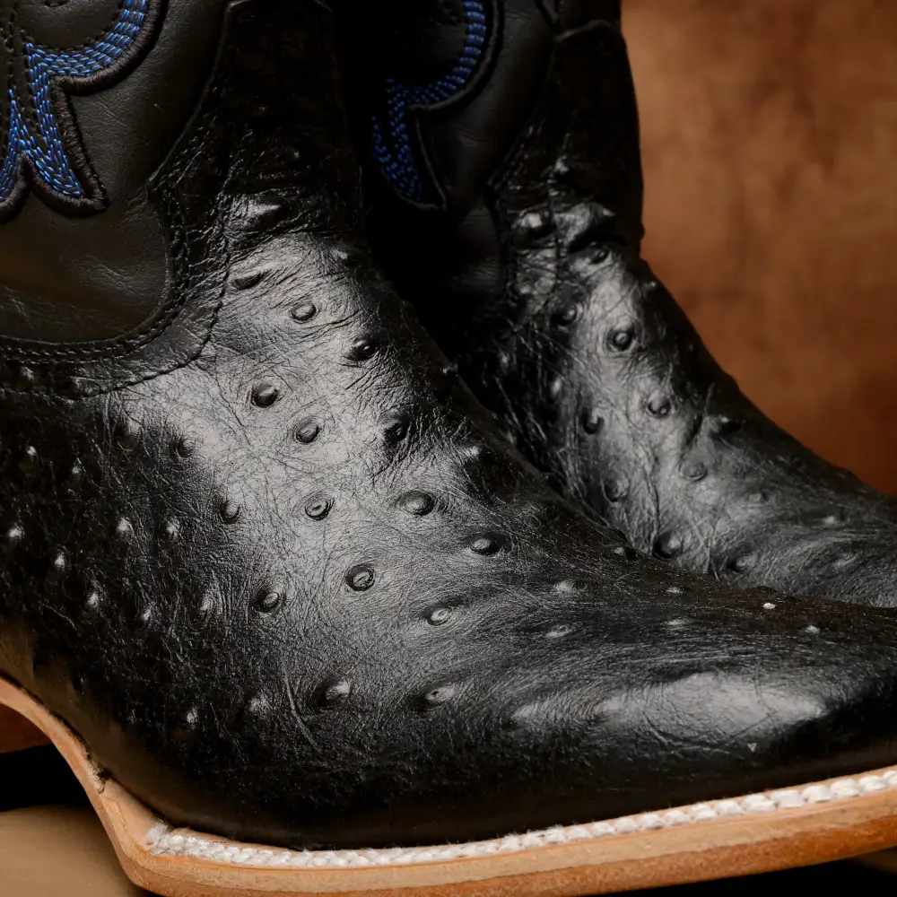 Black Ostrich Leather Boots - Square Toe