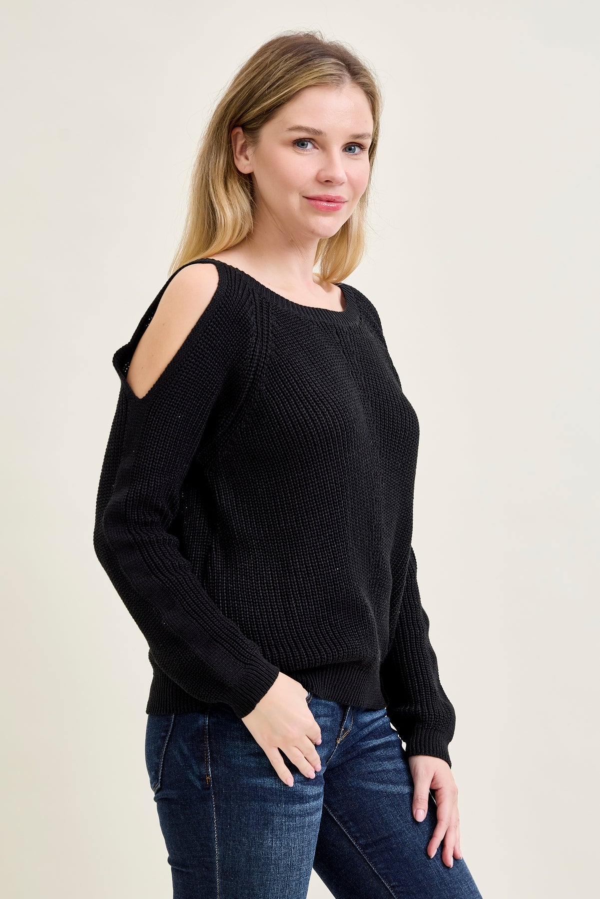 Chevron Stitch Cold Shoulder Black Sweater