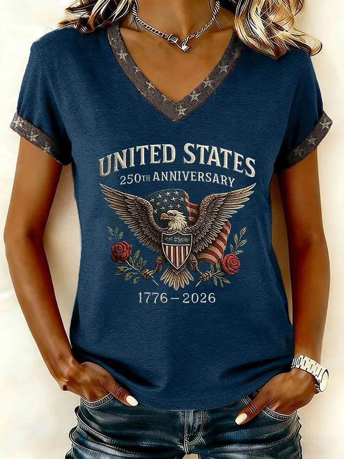 Women'S Retro Casual American Independence Day 250Th Anniversary Flag Printed V-Neck Short Sleeved T-Shirt
