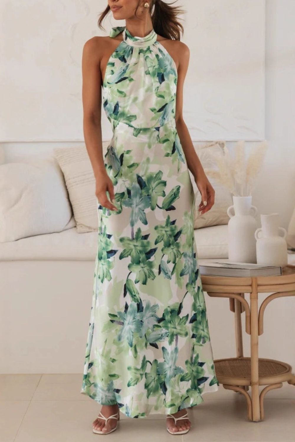 Floral Print Halter Neck Maxi Dress