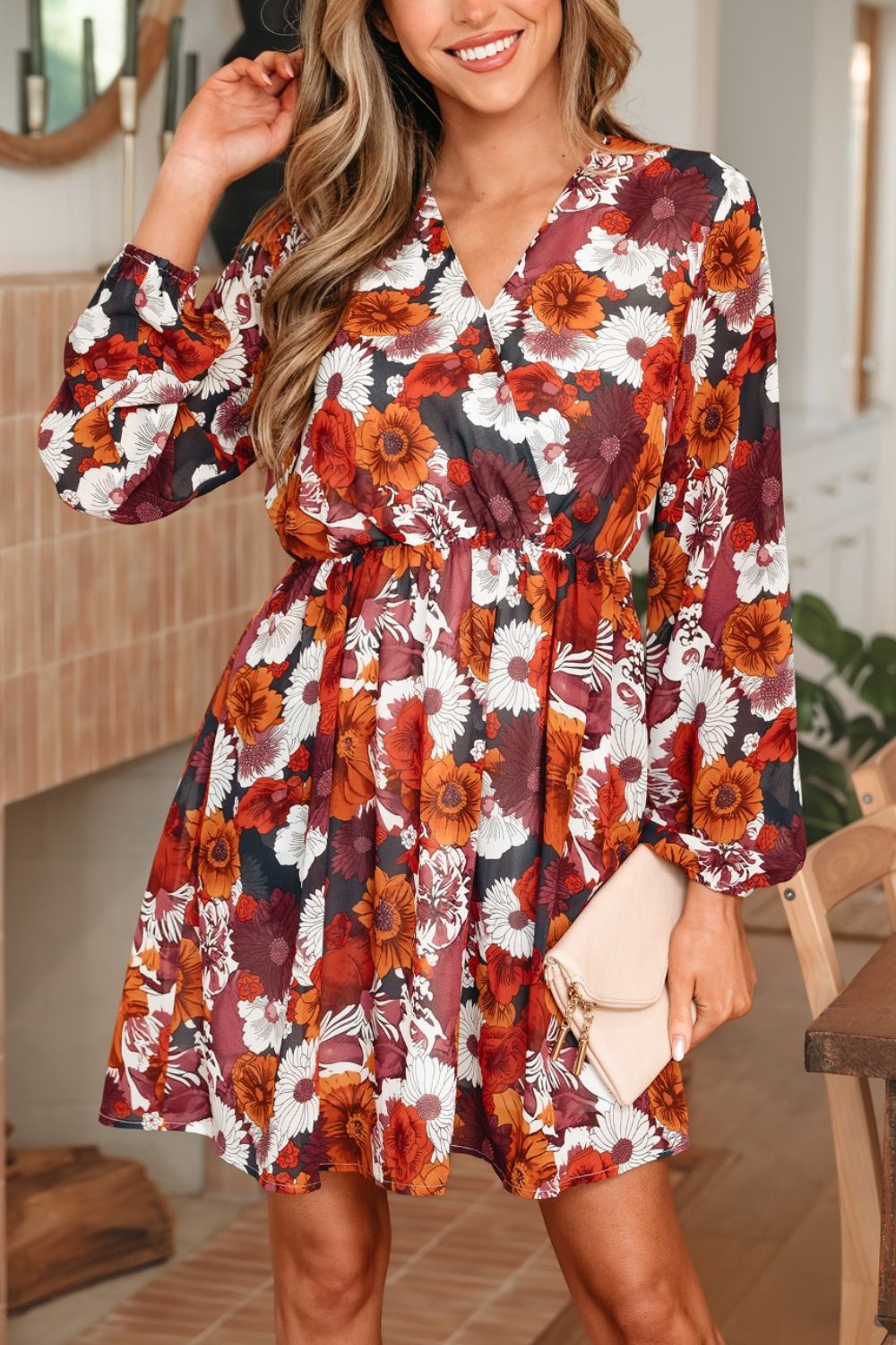 Floral Print Wrap V Neck Puff Sleeve Flowy Mini Dress